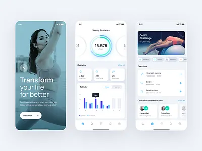 Fitness Mobile App app blue circle design designer figma fitness gradient green light mobile sketch sport stats training ui uidesign ux woman workout
