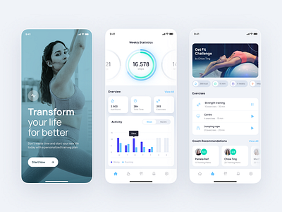 Fitness Mobile App app blue circle design designer figma fitness gradient green light mobile sketch sport stats training ui uidesign ux woman workout