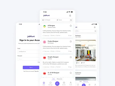 JobHunt – A Modern Job Platform for Designers & Creatives appdesign appprototype creativejobs figma job hunt job portal job search minimal ui modern design responsive design sahil parnail sr designr uiux web design