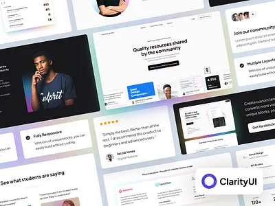 ClarityUI - SaaS Website UI Kit block design flat hero area hero section homepage interface landing page minimal saas software startup tailwindcss template theme ui ui kit website