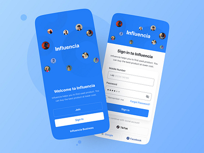 Influencia App | Welcome + Sign in screen affiliate app app design best dribbble shot branding delivery ecommerce eshop influencer marketing mobile onlineorder onlineshop ui ux