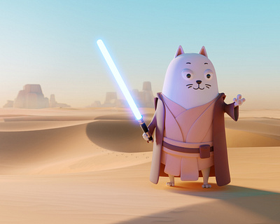 Sebo Cat walking through the Tatooine desert 3d artwork b3d blender cat character cycles design illustration obiwankenobi photoshop render sebocat starwars