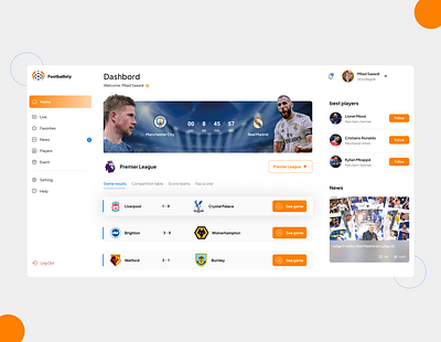 Sports News Dashboard Design dashbord figma ui uidashbord uidesign uiplayer uisport uiux userinterface