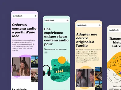 Recibook mobile screens audio casual children french fun green happines illustrations joy landing page line illustrations logo logomark microfone organic visuals web ui web ux website website design