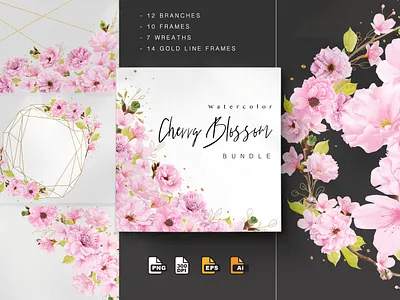 Watercolor Cherry Blossom Wreath & frame bundle garden