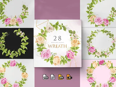 28 Hand Drawn Rose Floral Wreath Bundle animation branding card design floral garden illustration invitation logo ui vintage wedding