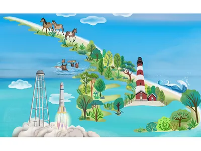 Islands:Assateague & Chincoteague Islands USA beach bookillustration branding childrensbook design digitalart graphics holiday horse illustration island lifestyle nft nonfictionbook ocean travel trees ui visualstory