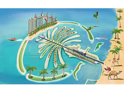 Palm Jumeirah, United Arab Emirates bookillustration branding design digitalart dubai graphics holiday illustration islands lifestyle nft palmtree travel united arab emirates.