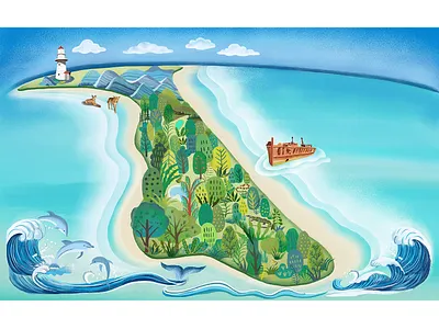 Islands:Fraser Island, Australia beach blue book branding childrensbook design digitalart dolphin forest fraserisland graphics illustration islands lifestyle lighthouse ocean ui visualstory wave wildanimals