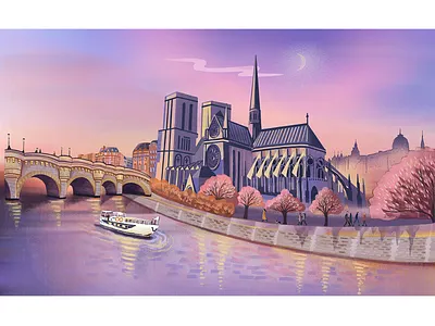 Islands:Île de la Cité in Paris, France architecture bookillustration branding bridge design digitalart digitalillustration france graphics holiday illustration lifestyle map paris pink romantic sunset travel ui visualstory