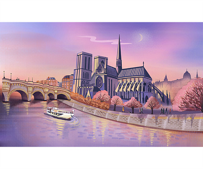 Islands:Île de la Cité in Paris, France architecture bookillustration branding bridge design digitalart digitalillustration france graphics holiday illustration lifestyle map paris pink romantic sunset travel ui visualstory