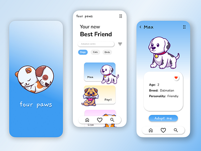 Four Paws - Pet Adoption App adoption animal animals app beginner blue cat cute design dog dogs figma mobile new pretty ui ux