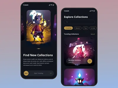 NFT Trading Mobile App Design app design blockchain design crypto crypto trading crypto wallet digital assets digital collectibles marketplace mobile app modern interface nft auction nft community nft marketplace trading trending design ui design ux design ux ui web3 web3 platform