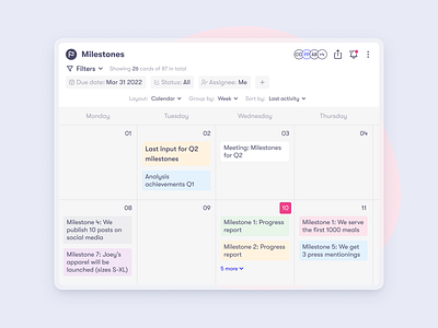 Calendar View - Milestones calendar cards days desktop filters layout milestones status ui week