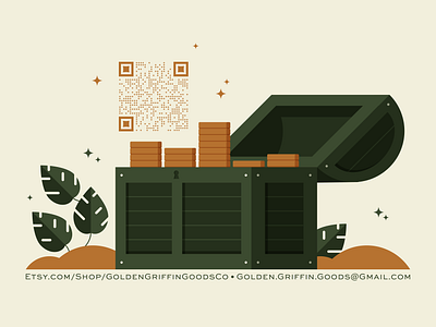 Treasure ✧･ﾟ: * business card chest coins etsy gold illustration jungle monsterra pirate plants qr code sparkle store treasure vector