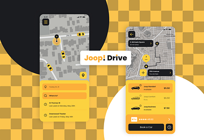 Joop! Drive Taxi Mobile App application branding cab design flat graphic design hi fi illustration illustrator logo minimal mobile mockup service taxi ui ux yellow