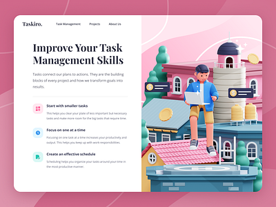 Taskiro - Task Management 3D Illustration 3d 3d illustration blender character cinema4d header hero illustration illustration landing page management task ui uiux website