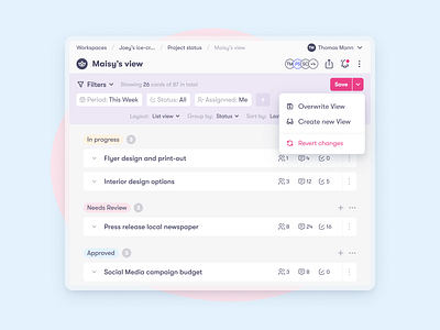 Filtering list - Overwrite/Create a new View cards create view filters list overwrite period projects save status tasks ui