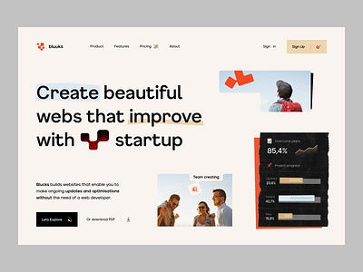 Blucks | Web design | Hero page | Header black blocks charts colorful design product font graphic design header hero page landings logo people red team title ui design web web design