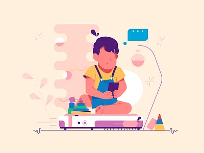 The child rides on the vacuum cleaner background branding business cartoon design illustration logo person ui vector