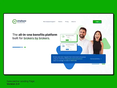 Employee Navigator Speculative Landing Page v3 administration benefits branding colorful employee flat shadow green home page hris insurance landing page marketing navigator