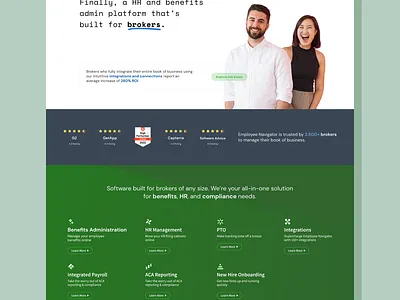 Employee Navigator Speculative Landing Page v1 benefits branding broker green homepage hris landing page marketing rebrand visual design
