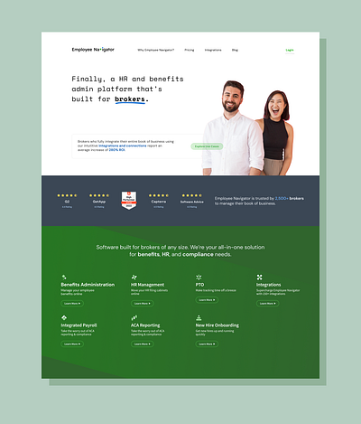 Employee Navigator Speculative Landing Page v1 benefits branding broker green homepage hris landing page marketing rebrand visual design