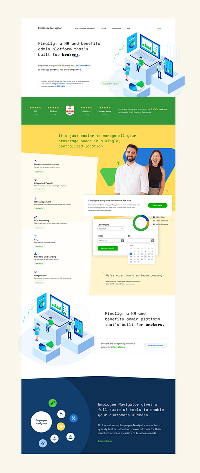 Employee Navigator Speculative Landing Page v2 benefits branding bright employee green home page hris illustration insurance landing page navigator web design