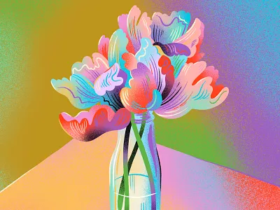 Parrot Tulips 1960s 1970s art bouquet draw drawing floral flowers grain illustration jordan kay light and shadow noise observational drawing psychedelic rainbow shading texture trippy