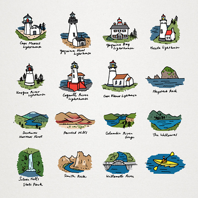 Lighthouses and sights of Oregon design hand drawn icons illustration lighthouses nature oregon scenery sketched travel vector