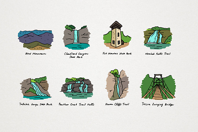 Georgia State Park custom illustrations art clip art clipart explore fun georgia graphic design green hand drawn illustration nature outdoors sketched state park vector waterfall