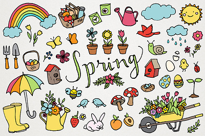 Spring Clipart Pack bird clipart creativemarket cute fun hand drawn rainbow seasons spring springtime sun vector
