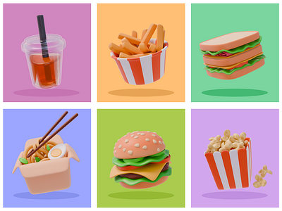 3D Street Food Icons 3d 3d illustration blender food food icons french fries hamburger icons illustration noodles sandwich street food