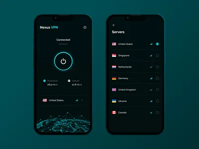 Nexus VPN app connection design mobile app mobile ui network protection servers software ui ux vpn