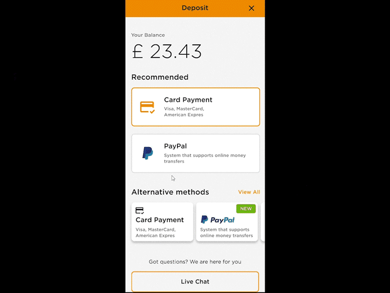 Mobile app payments betting cards crypto deposit gambling mobile app payment methods payments trading ui