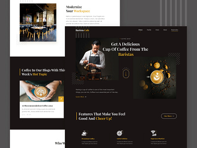 Barista Café - Coffee service landing page barista behance black cafe cafeine coffee coffee shop dailyui dark design figma food landing page trending ui web design white