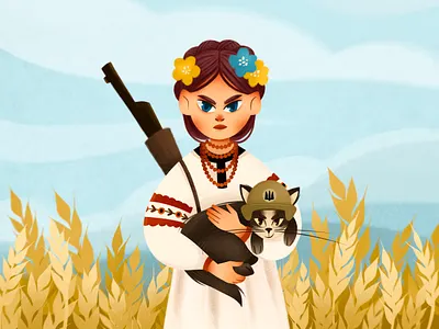 Strong Ukraine animals cat character colourful design fild girl illustration national people illustration personage procreate sky stopwar texture ukraine ukrainian war war2022