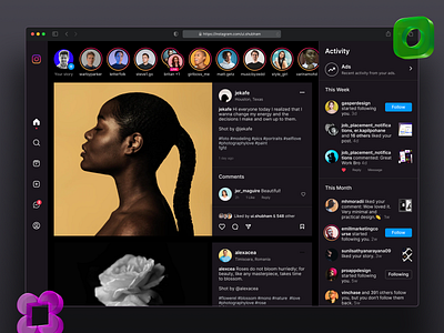 Instagram Redesign Social Media Webapp 3d activity dark dark mode insta instagram live photo photography post posts redesign reels social social media socialmedia stories ui web app website