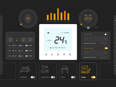 Heatmiser black black theme dark dark mode grey internet of things iot smart device thermostat uiux