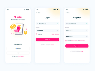 Onboarding - Fhasier Applications android app forgot password ios login mobile onboarding register ui kits