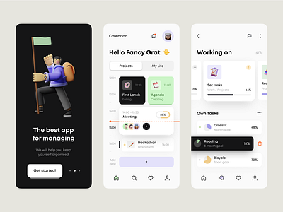 Mobile App | Onboarding | Home page | Calendar 3d agenda black calendar cards design product events illustration list mobile app onboarding progress projects schedule segmented control table tasks time