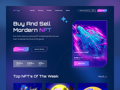 NFT Website bitcoin blockchain crypto currency crypto wallet cryptoart cryptocurrency dark dogecoin ethereum gradient homepage landing page neon nft nft collection nftart token ui design web design website