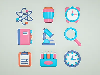 3D Icons 3d 3d designer alarm art book cinema 4d clock coffe cup design flat graphic design icon illustration loop notebook pencils space telescope ui