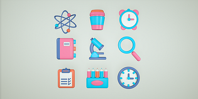 3D Icons 3d 3d designer alarm art book cinema 4d clock coffe cup design flat graphic design icon illustration loop notebook pencils space telescope ui