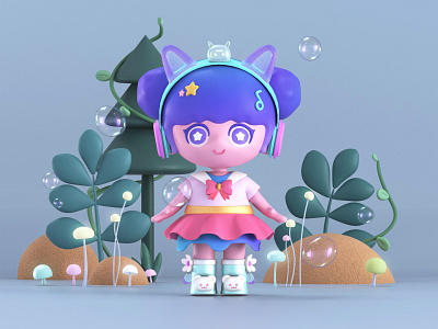 丸子头女孩 3d ip 插画
