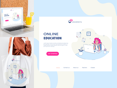 Design landing page for educational website branding education design girl with lap top graphic design illustration lending page line design line art logo online education study online