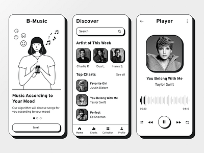 Black Music - Black n White Style Exploration app application black black and white clean grey minimalist music app music player podcast ui ui ux ux