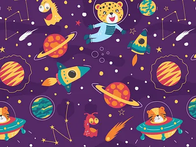 Happy Space Nursery Seamless Pattern adorable animal apparel astronaut baby blanket children cute design fabric hand drawn illustration kids nursery pattern print seamless space textile vector