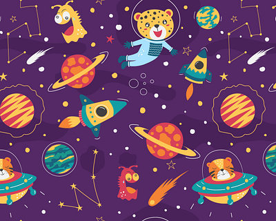 Happy Space Nursery Seamless Pattern adorable animal apparel astronaut baby blanket children cute design fabric hand drawn illustration kids nursery pattern print seamless space textile vector