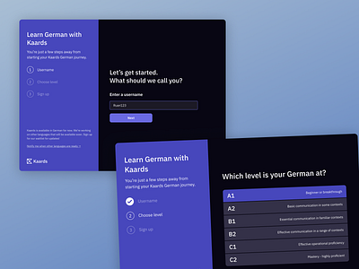 Language learning app onboarding dark dark mode language learning languages onboard screens onboarding purple selection sign in sign up ui ux web web design website